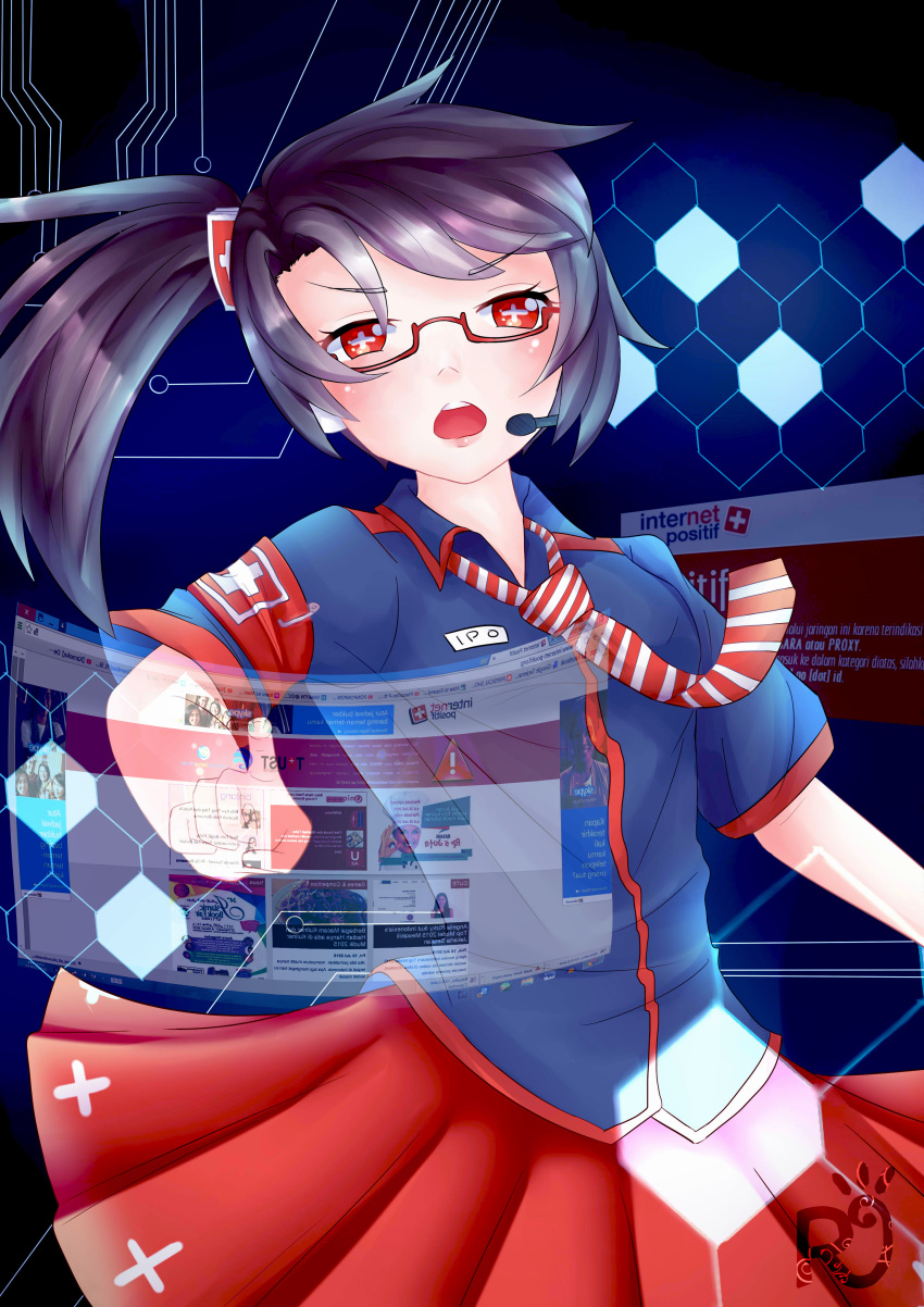 +_+ 1girl absurdres bangs black_hair blush copyright_name firefox_(browser) highres internet internet_positif ipo-chan looking_at_viewer mouthpiece necktie open_mouth ponytail red_eyes ruinushiro sidelocks skirt solo symbol