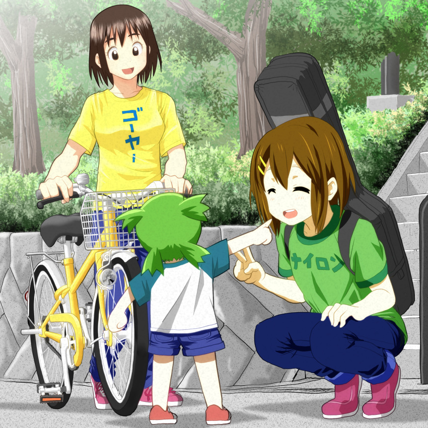 3girls ayase_fuuka bicycle black_hair brown_eyes brown_hair closed_eyes crossover green_hair guitar_case highres hirasawa_yui instrument_case k-on! knives_(knives777) koiwai_yotsuba multiple_girls pointing short_hair yotsubato!