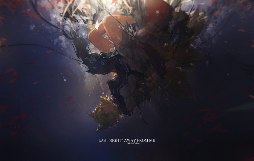 1girl animal_ears artist_name blonde_hair blurry character_name depth_of_field falling fox_ears gradient highres long_sleeves mivit shards short_hair solo string tabard text torn_clothes touhou upside-down yakumo_ran yellow_eyes