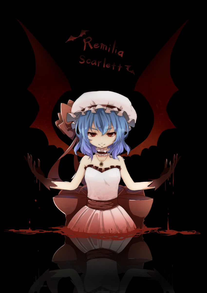 &gt;:) 1girl alternate_costume bare_shoulders bat_wings black_gloves blood blue_hair character_name dress frilled_shirt_collar gloves hat hat_ribbon highres jewelry looking_at_viewer mob_cap nami_(snow) necklace pool_of_blood red_eyes red_ribbon reflecting_pool remilia_scarlet ribbon shaded_face short_hair smile solo touhou tsurime white_dress wings