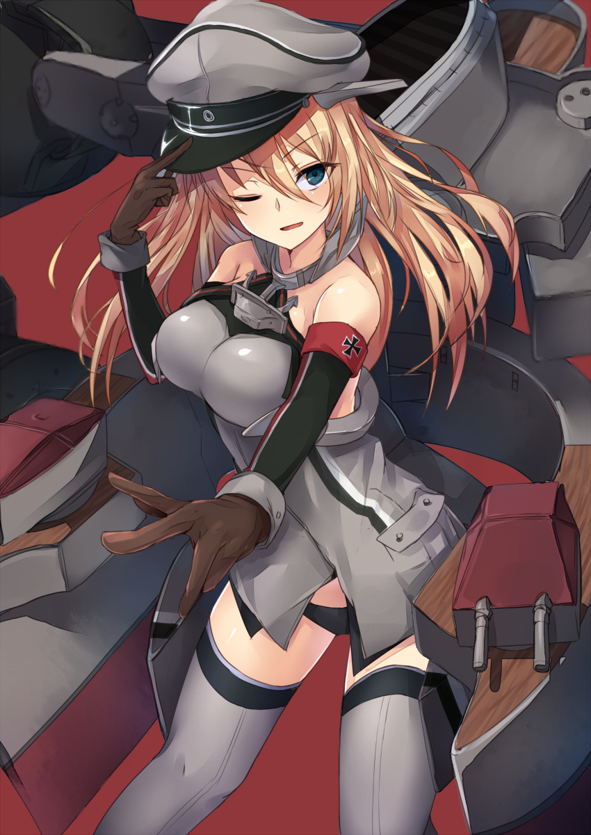 1girl absurdres bismarck_(kantai_collection) blonde_hair blue_eyes gloves hat highres kantai_collection long_hair machinery metindone one_eye_closed open_mouth peaked_cap smile turret uniform