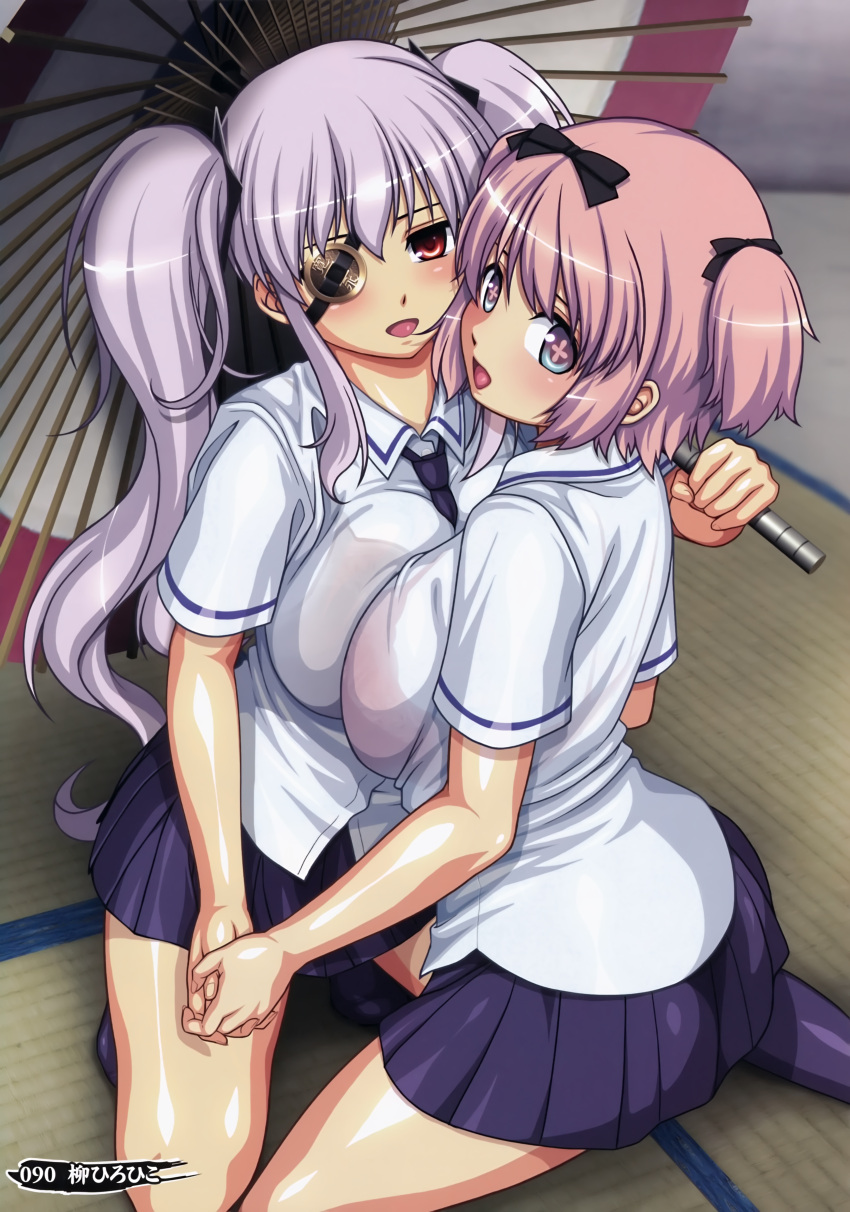 +_+ 2girls absurdres blue_eyes breast_press breasts eyepatch hibari_(senran_kagura) highres holding_hands large_breasts lavender_hair looking_at_viewer multiple_girls necktie pink_hair red_eyes school_uniform senran_kagura_(series) short_twintails skirt symmetrical_docking thighs twintails umbrella wet wet_clothes yagyuu_(senran_kagura) yuri