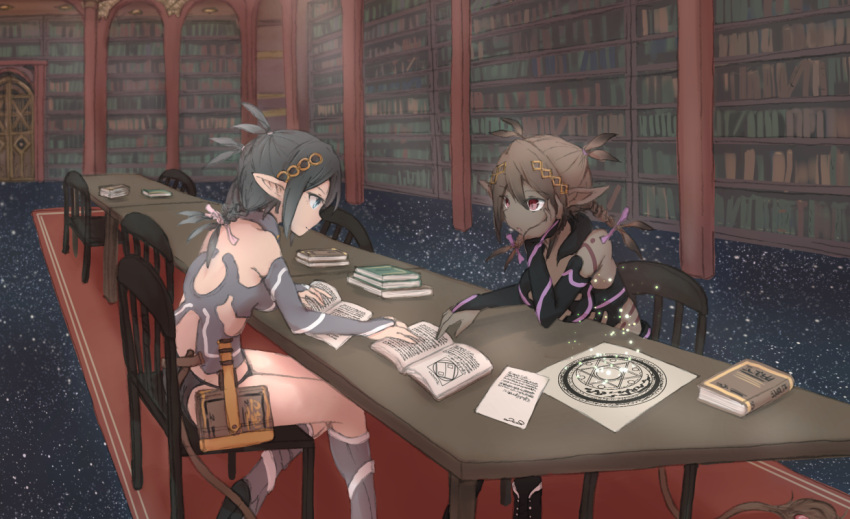 2girls :o arm_support ballet_boots bare_shoulders blue_eyes blue_hair book braid bridal_gauntlets brown_hair chin_rest close-up dark_skin eye_contact gotaishu hair_ornament indoors library long_hair looking_at_another magic magic_circle multiple_girls pointy_ears red_eyes sitting twin_braids