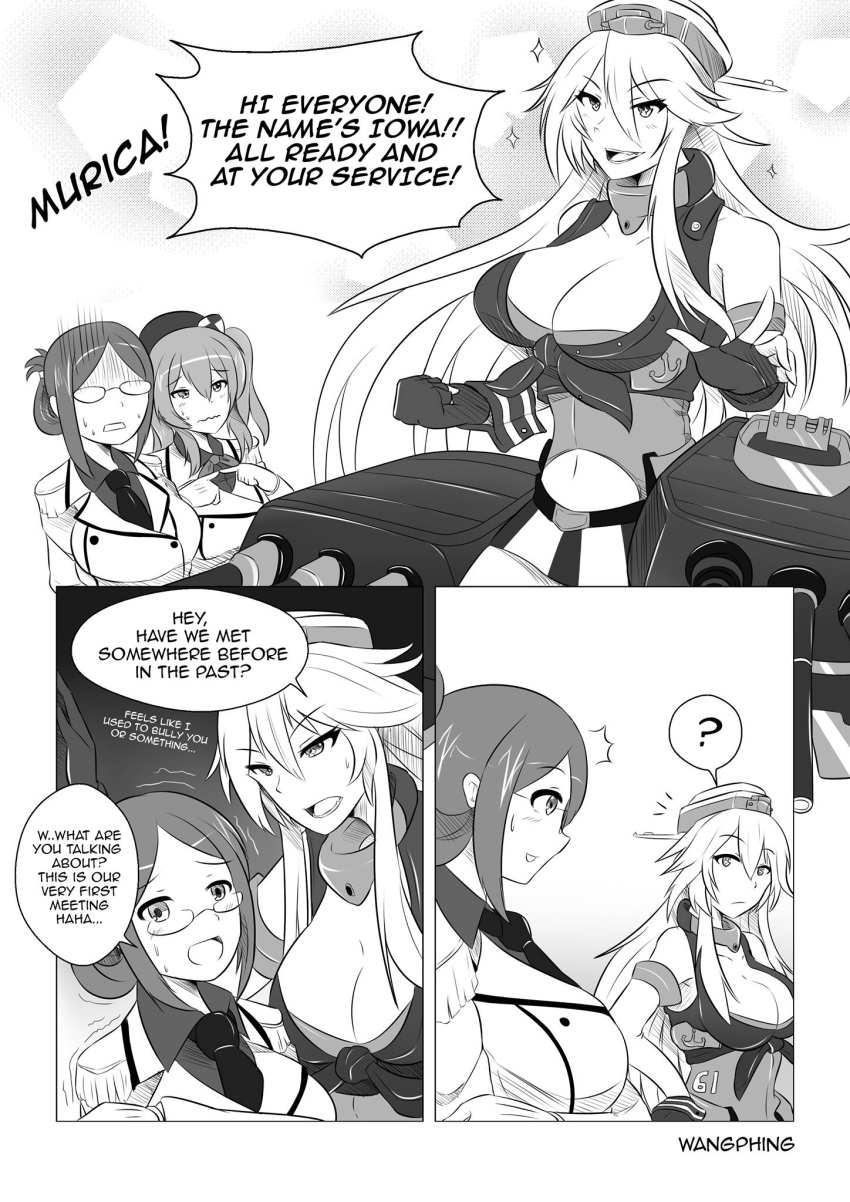 &gt;:d /\/\/\ 3girls :d ? beret breasts cleavage comic english epaulettes folded_ponytail glasses gloom_(expression) hat headgear highres iowa_(kantai_collection) kantai_collection kashima_(kantai_collection) katori_(kantai_collection) long_hair machinery monochrome multiple_girls navel open_mouth smile sparkle spoken_question_mark star star-shaped_pupils sweat symbol-shaped_pupils turret wangphing wavy_mouth