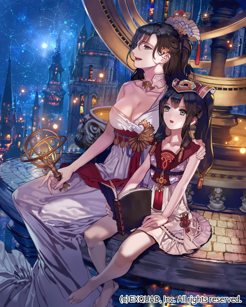 2girls :d barefoot book breasts brown_hair building cleavage collarbone constellation dragon's_shadow dress hair_bobbles hair_ornament hand_on_another's_shoulder headpiece highres holding holding_book light looking_up multiple_girls official_art open_book open_mouth outdoors ribe sidelocks sitting smile watermark white_dress window yna