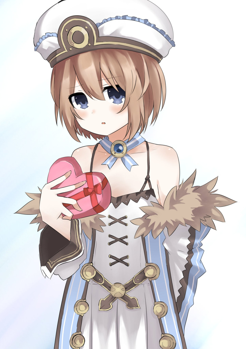 1girl bare_shoulders blanc blancpig_yryr blue_eyes blush box brown_hair fur_trim gift gift_box hat heart highres holding holding_gift looking_at_viewer neptune_(series) open_mouth ribbon short_hair solo valentine