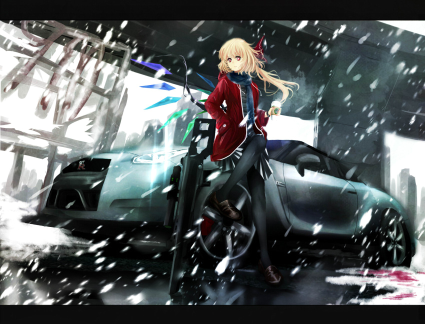 1girl alternate_costume black_legwear black_shirt blizzard blonde_hair bow brown_shoes car contemporary flandre_scarlet hair_bow highres hood hooded_jacket jacket letterboxed light_trail long_sleeves motor_vehicle no_hat red_jacket reflection rocket_launcher scarf shirt shoes short_hair side_ponytail sitting skirt snow solo starbucks tosk_(swav-coco) touhou vehicle weapon weapon_request wind wings