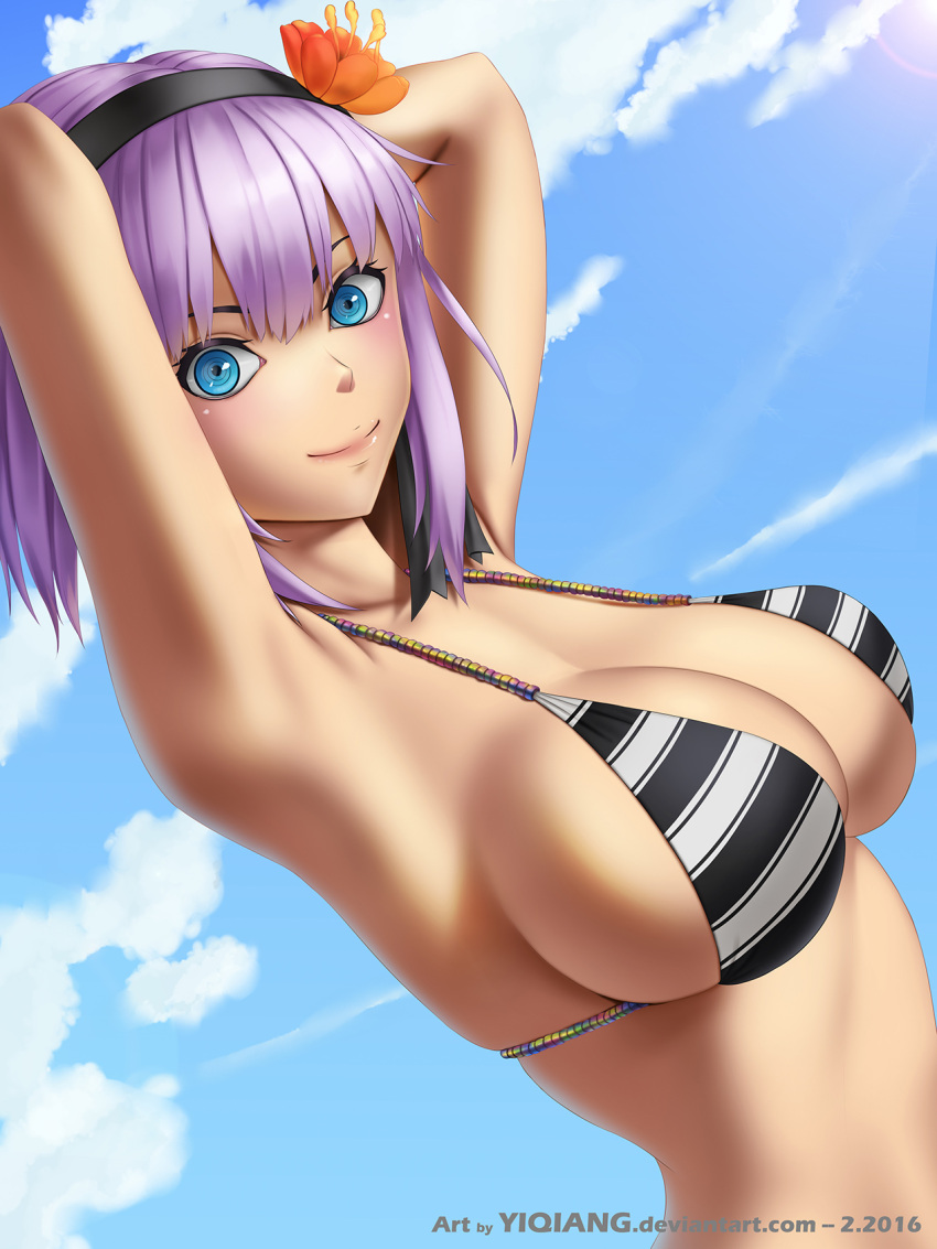 &gt;:) 1girl 2016 adapted_costume armpits arms_behind_head arms_up artist_name bangs beads bikini_top blue_eyes blush breasts closed_mouth clouds collarbone concentric_circles condensation_trail dagashi_kashi english flower hair_flower hair_ornament hairband hibiscus highres lips outdoors pearl purple_hair shidare_hotaru short_hair sideboob smirk solo tan tsurime upper_body watermark web_address yiqiang