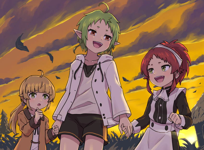 3girls ahoge aisha_greyrat bangs blunt_bangs brown_eyes brown_hair clouds cloudy_sky commentary_request cowboy_shot green_eyes green_hair highres holding_hands long_hair long_sleeves multiple_girls mushoku_tensei norn_greyrat open_clothes open_mouth orange_sky pointy_ears ponytail redhead short_hair sky smile sylphiette_(mushoku_tensei) teeth upper_teeth urin_(littleurin)