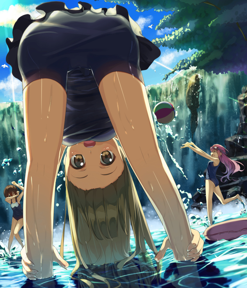3girls :d :o ;| ^_^ ^o^ afloat armpits ass ayataka bare_legs bare_shoulders barefoot blonde_hair blue_sky blue_swimsuit blush brown_hair closed_eyes clouds collarbone covering_face dripping floating_hair hands_on_legs highres jumping leg_up legs_apart light_rays long_hair looking_at_viewer looking_through_legs multiple_girls one-piece_swimsuit open_mouth original outdoors pink_hair plant pond profile reflection rock round_teeth school_swimsuit short_hair sky smile sparkle splashing standing sun sunlight swimsuit tareme teeth throwing tree very_long_hair wading water water_drop waterfall wet_hair