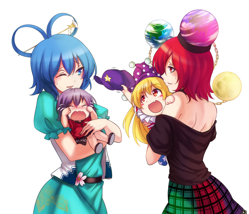 4girls :d absurdres arm_up back bangs bare_shoulders black_shirt black_skirt blonde_hair blue_dress blue_eyes blue_hair blush blush_stickers carrying chain clenched_hands clownpiece dress earth eye_contact eyebrows eyebrows_visible_through_hair fang flying_teardrops frilled_sleeves frills hair_between_eyes hair_ornament hair_rings hair_stick hand_on_another's_shoulder hat hat_removed headwear_removed hecatia_lapislazuli highres holding holding_hat jester_cap kaku_seiga koissa lace-trimmed_dress long_hair looking_at_another miyako_yoshika mother_and_daughter motion_lines multiple_girls neck_ruff neck_ruffbeld no_hat off-shoulder_shirt off_shoulder one_eye_closed open_mouth pink_flower plaid plaid_skirt polka_dot polka_dot_hat pom_pom_(clothes) puffy_sleeves purple_hair purple_hat red_eyes red_shirt redhead shirt shoes short_hair short_sleeves simple_background sitting skirt smile sphere star star_print striped sweatdrop touhou upper_body white_background younger