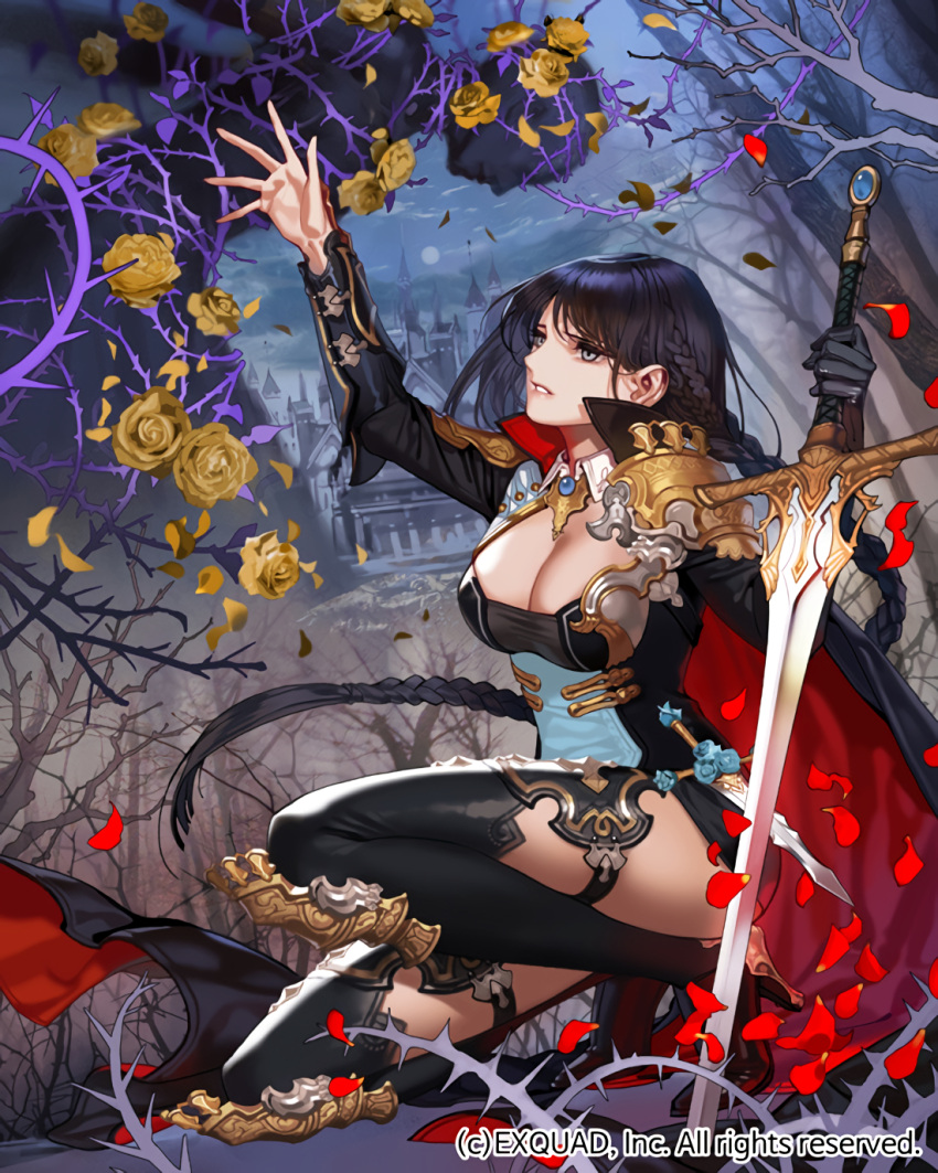 1girl armor asymmetric_gloves black_dress black_gloves black_hair black_legwear blue_eyes braid breasts brooch building castle cleavage collar dagger detached_collar dragon's_shadow dress dutch_angle expressionless flower full_moon gloves highres holding_sword holding_weapon jewelry kneeling long_hair moon night official_art parted_lips plant rose shoulder_pads solo sword thigh-highs thighs thorns underbust very_long_hair watermark weapon yna