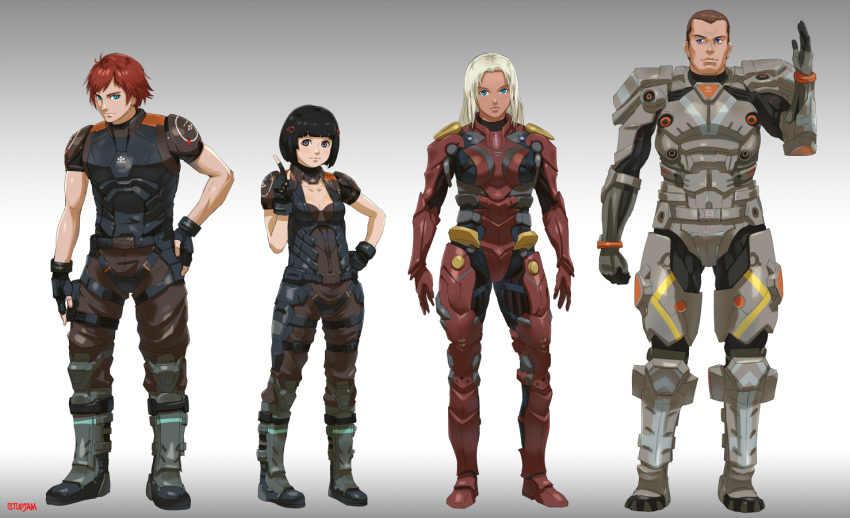 2boys 2girls armor artist_name bangs black_hair blue_eyes blunt_bangs boots brown_hair character_request fingerless_gloves gloves height_difference long_hair multiple_boys multiple_girls redhead short_hair smile standing stup-jam tagme xenoblade_chronicles_x