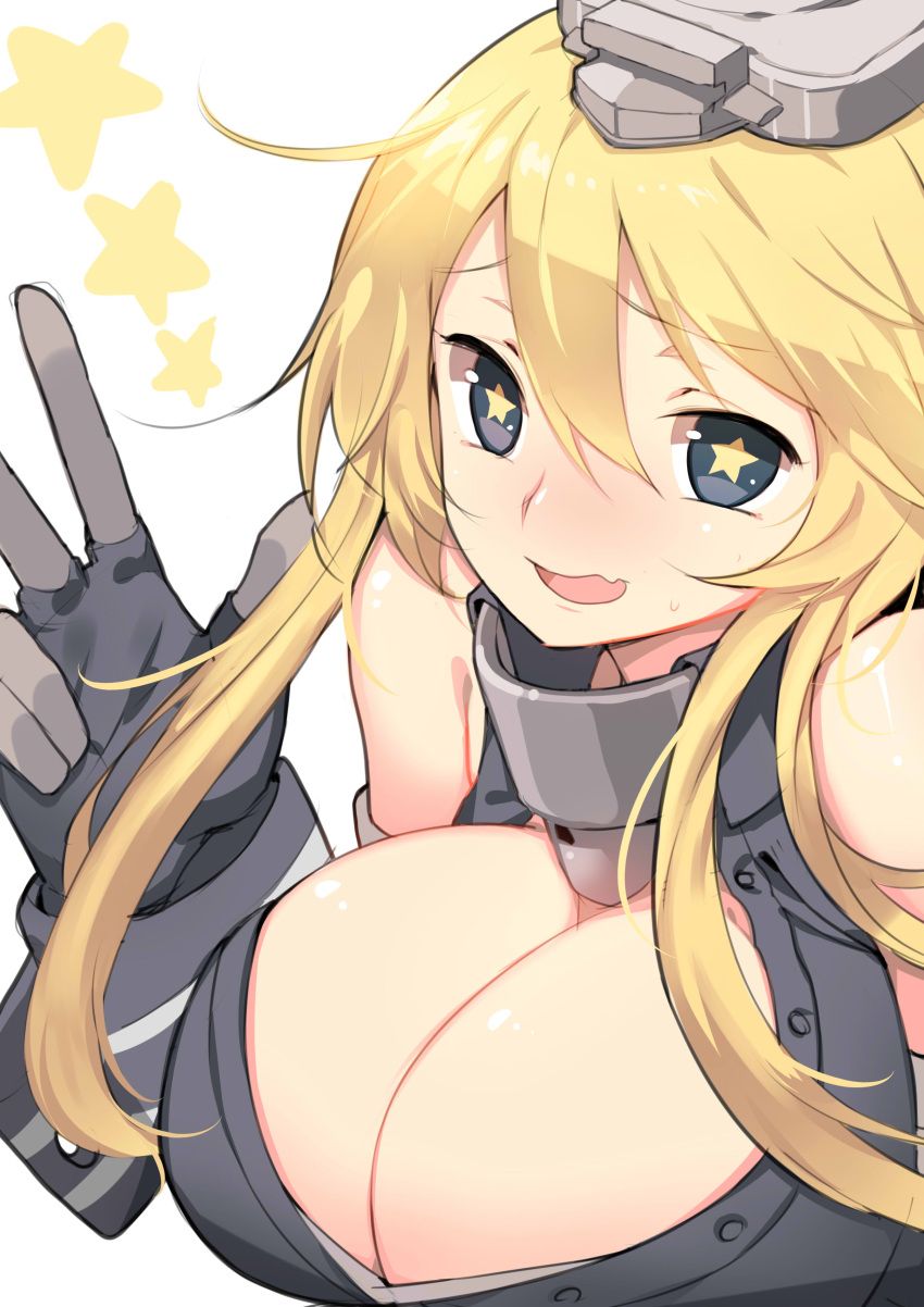 1girl absurdres blonde_hair breasts cleavage gloves highres iowa_(kantai_collection) kantai_collection long_hair mg09 one_eye_closed smile star star-shaped_pupils symbol-shaped_pupils v