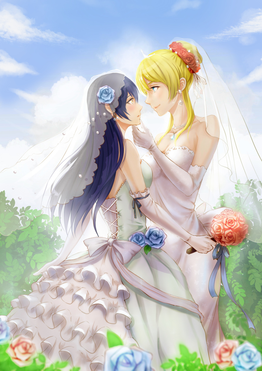 2girls absurdres ayase_eli blonde_hair blue_eyes blue_hair blue_rose blurry blush bouquet bridal_veil chin_grab clouds couple depth_of_field dress earrings elbow_gloves eye_contact female flower frills gloves hair_up highres jewelry long_hair looking_at_another love_live!_school_idol_project multiple_girls outdoors pink_rose rose shi_yu_mu_yun sky smile sonoda_umi strapless strapless_dress veil wedding wedding_dress white_gloves wife_and_wife yellow_eyes yuri