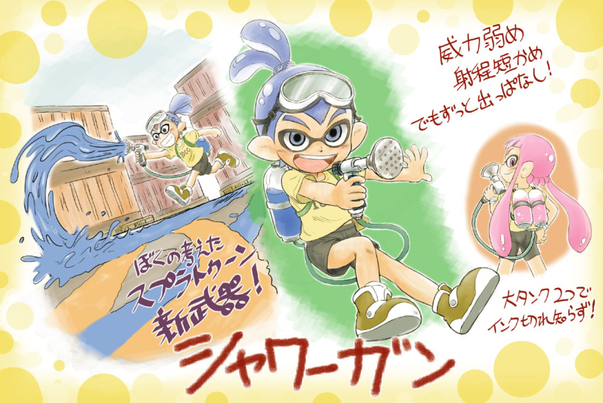 1boy 1girl bike_shorts blue_eyes blue_hair child domino_mask goggles goggles_on_head hand_on_hip hose inkling mask mitsui_jun pink_eyes pink_hair pointy_ears ponytail running shipping_container shirt shorts sidelocks smile splatoon squid t-shirt tentacle_hair translation_request
