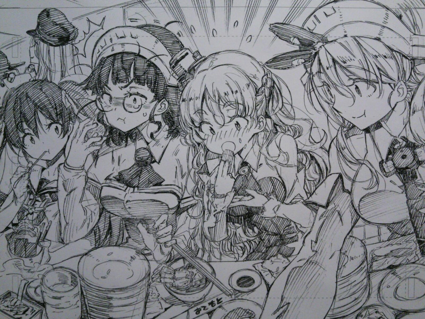 5girls bismarck_(kantai_collection) blush breasts chopsticks cup dessert eating flying_sweatdrops food graphite_(medium) hair_ornament hair_ribbon hat headgear highres kantai_collection kojima_takeshi large_breasts libeccio_(kantai_collection) littorio_(kantai_collection) long_hair long_sleeves military_hat monochrome multiple_girls nose_blush peaked_cap plate ribbon roma_(kantai_collection) short_hair sleeveless smile sushi tagme teacup tears traditional_media translated twintails zara_(kantai_collection)