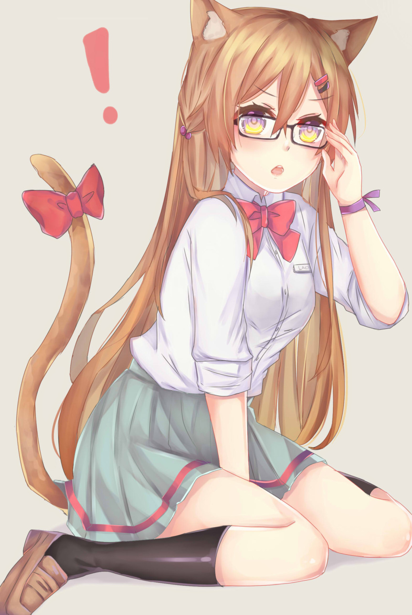 ! 1girl adjusting_glasses animal_ears beige_background between_legs black-framed_glasses black_legwear blush bow bowtie brown_hair brown_shoes cat_ears cat_tail dress_shirt glasses green_skirt hair_between_eyes hair_bobbles hair_ornament hairclip hand_between_legs heterochromia highres kneehighs knees_together_feet_apart loafers long_hair looking_at_viewer name_tag naruka_kunzo original red_bow red_bowtie shiny shiny_skin shirt shoes short_sleeves simple_background sitting skirt solo tail tail_bow tsurime very_long_hair violet_eyes wariza white_shirt wristband yellow_eyes
