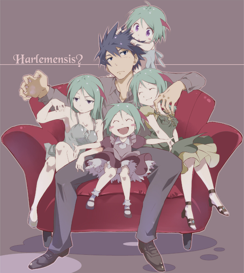1boy 4girls age_comparison black_hair child couch green_hair highres iri_(cagaster) kidou_(cagaster) multiple_girls multiple_persona mushikago_no_cagaster scar sitting time_paradox torinikusoul violet_eyes younger