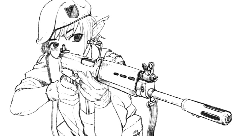 1girl aiming artist_request battle_rifle beret elf fighting_stance flash_hider fn_fal gloves greyscale gun hat magazine_pouch military military_jacket military_uniform monochrome pointy_ears pouch rifle short_hair sketch sleeves_rolled_up sling sling_(weapon) solo trigger_discipline uniform upper_body weapon