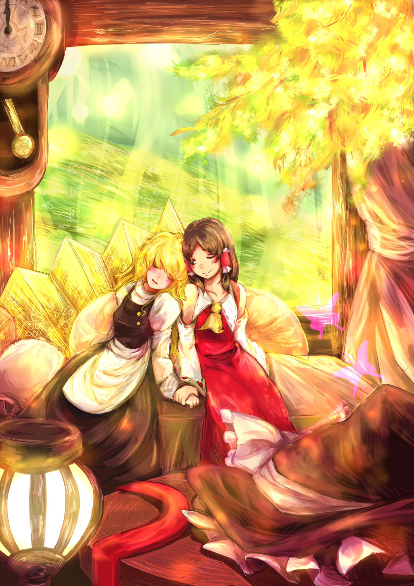 2girls apron ascot bed black_skirt black_vest blonde_hair blush bow breasts brown_hair butterfly clock collarbone commentary_request couple curtains detached_sleeves grass hair_tubes hakurei_reimu hand_grab hat hat_bow hat_removed head_on_shoulder headwear_removed highres indoors kirisame_marisa lantern leaning_back light long_hair long_skirt long_sleeves multiple_girls one_eye_closed open_mouth pillow puffy_long_sleeves puffy_sleeves red_shirt ribbon-trimmed_collar ribbon-trimmed_sleeves ribbon_trim shirt sitting skirt sleeping sleeping_on_person sleeveless sleeveless_shirt smile table touhou turtleneck waist_apron white_shirt witch_hat yotogi_(yotogi_luminary) yuri