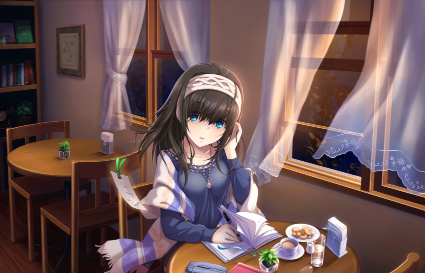 1girl artist_request biscuit black_hair blue_blouse blue_eyes book bookmark bookshelf coffee collarbone cup curtains drink eyebrows eyebrows_visible_through_hair fountain_pen hairband idolmaster idolmaster_cinderella_girls_starlight_stage jewelry long_hair long_sleeves looking_at_viewer necklace night official_art open_window pen plant potted_plant sagisawa_fumika sitting solo tissue window wooden_chair wooden_floor wooden_table