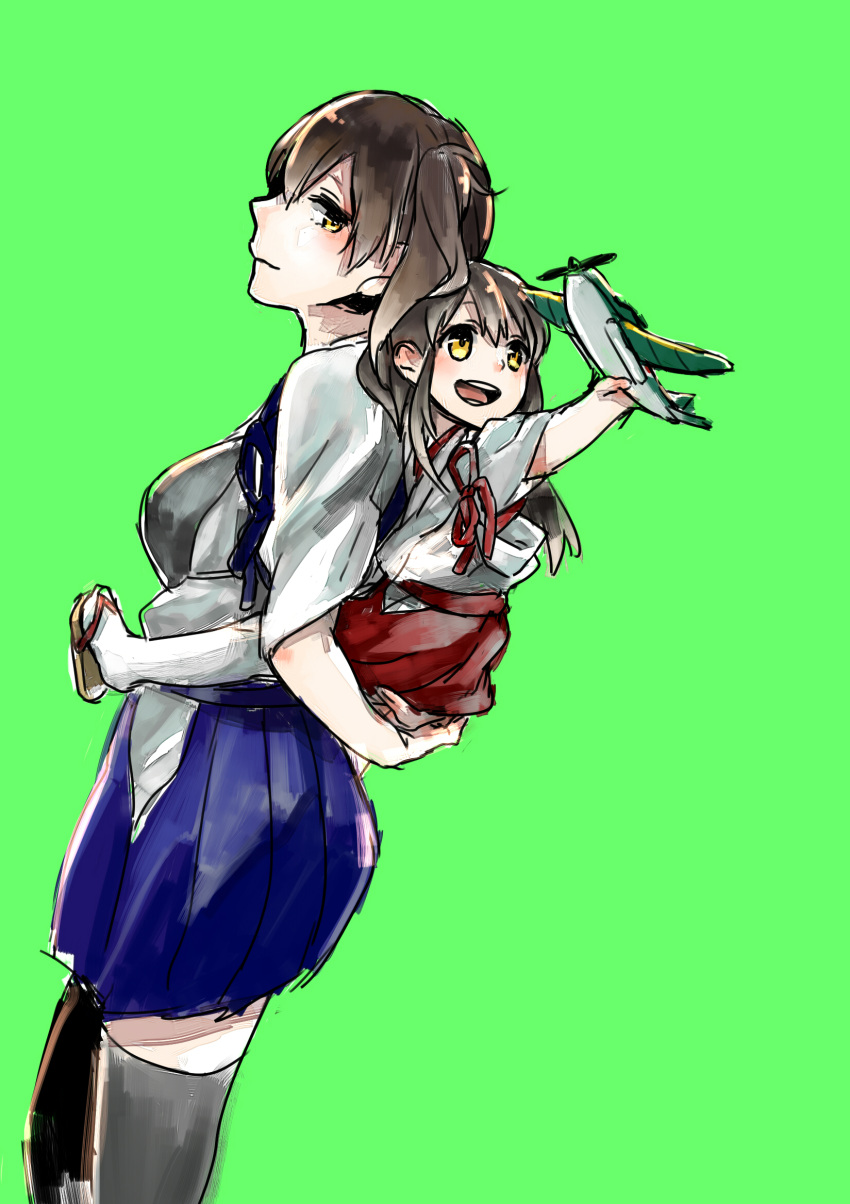 2girls airplane akagi_(kantai_collection) brown_hair green_background highres japanese_clothes kaga_(kantai_collection) kantai_collection long_hair multiple_girls muneate open_mouth piggyback sandals shuu-0208 side_ponytail sketch thigh-highs yellow_eyes younger