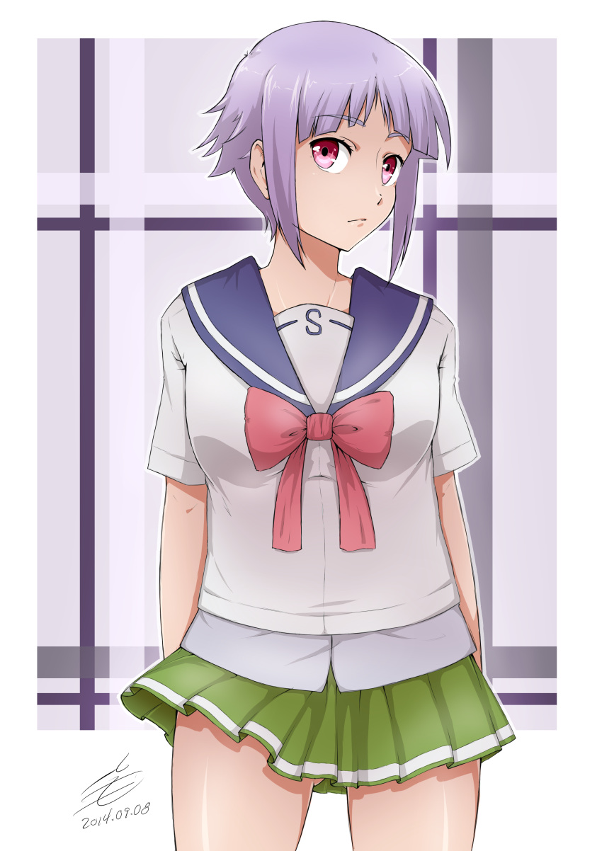 1girl 2014 abstract_background absurdres arms_at_sides arms_behind_back artifedex bangs bow cowboy_shot dated fnc_(upotte!!) green_skirt head_tilt highres looking_at_viewer miniskirt purple_hair red_bow red_eyes school_uniform shirt short_hair skirt standing upotte!! white_shirt