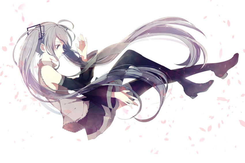 1girl blue_hair boots detached_sleeves from_side hatsune_miku long_hair na_yeon petals skirt solo thigh-highs thigh_boots twintails very_long_hair vocaloid white_background