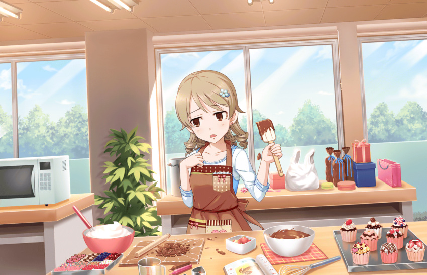 1girl apron artist_request bag blonde_hair blush brown_eyes chocolate collarbone cookie_cutter cupcake d: drill_hair earrings eyebrows eyebrows_visible_through_hair food fruit gift idolmaster idolmaster_cinderella_girls idolmaster_cinderella_girls_starlight_stage jewelry lamp long_hair long_sleeves looking_away measuring_cup microwave mixing_bowl official_art open_mouth plant plastic_bag recipe_(object) rolling_pin solo spatula strawberry tree whipped_cream whisk window