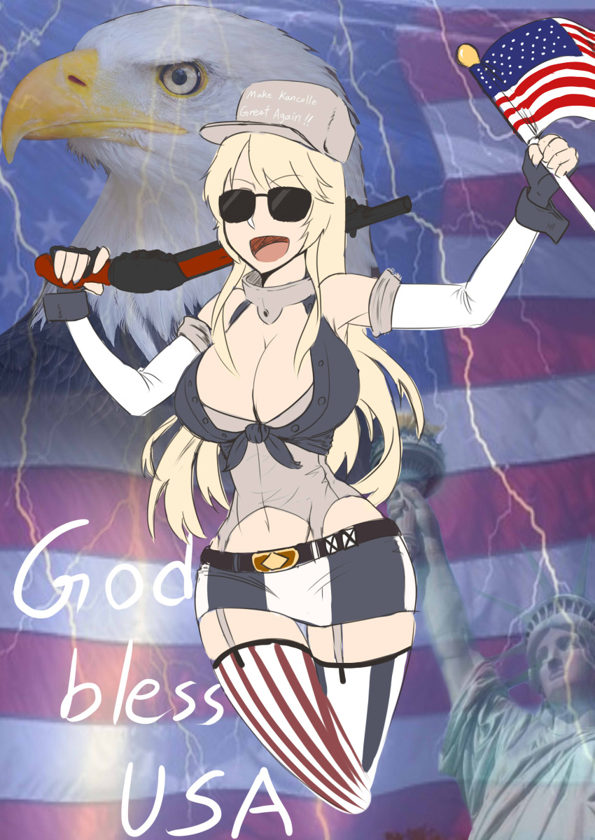 absurdres american_flag artist_request bird breasts eagle english garter_straps gun highres iowa_(kantai_collection) kantai_collection large_breasts miniskirt shotgun skirt statue_of_liberty sunglasses thigh-highs weapon zettai_ryouiki