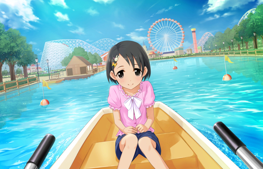 1girl artist_request balloon bench black_eyes black_hair blouse blue_sky blush boat bunny_hair_ornament bush clouds collarbone ferris_wheel fountain hair_ornament hairclip idolmaster idolmaster_cinderella_girls_starlight_stage lamppost looking_at_viewer official_art outdoors pink_blouse ribbon roller_coaster sasaki_chie short_hair shorts sitting sky smile solo tree water