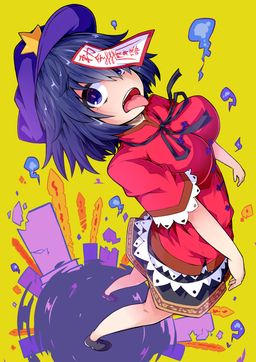 1girl arched_back black_shoes blue_eyes blue_hair breasts cabbie_hat from_above grave hat highres hitodama ishimu legs looking_at_viewer miyako_yoshika perspective purple_skirt red_shirt ribbon shirt shoes short_hair short_sleeves skirt solo star talisman teeth tongue tongue_out touhou yellow_background
