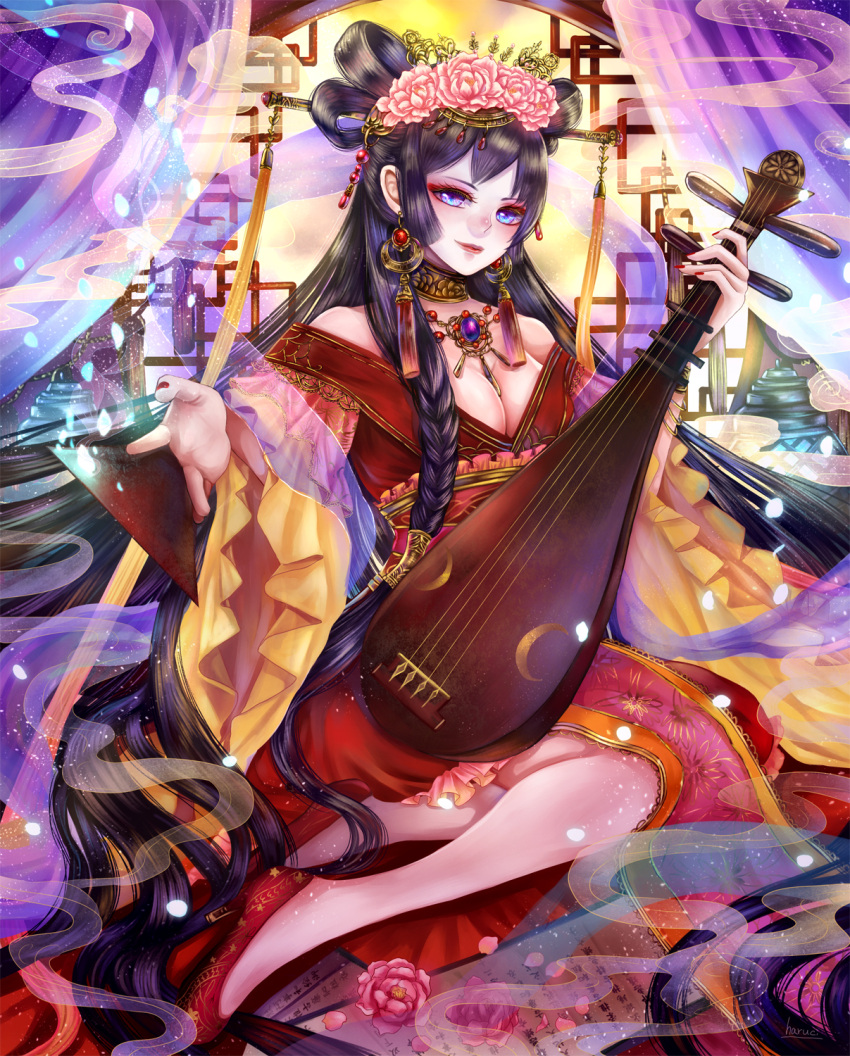 1girl artist_name bangs bare_shoulders biwa_lute black_hair blue_eyes breasts choker cleavage curtains earrings flower hair_flower hair_ornament hair_rings hair_stick haruci high_heels highres incense indoors instrument jewelry lipstick long_hair looking_at_viewer lute_(instrument) lute_pick makeup nail_polish necklace original red_nails red_shoes sangokushi_taisen scroll shoes solo tagme very_long_hair wide_sleeves