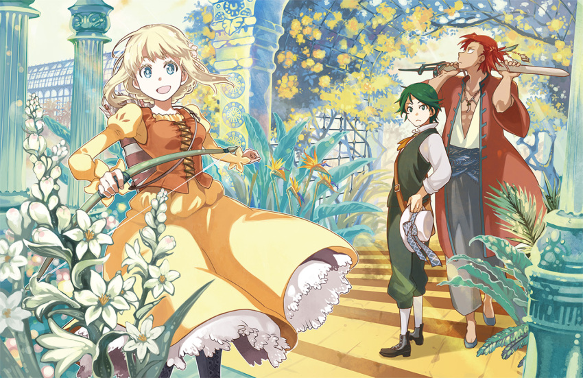 1girl 2boys arbos_anima arrow blonde_hair blue_eyes bow_(weapon) eve_ettrick flower green_eyes green_hair multiple_boys noah_lescott plant quiver red_eyes redhead rudyard_(arbos_anima) short_hair sword torinikusoul weapon