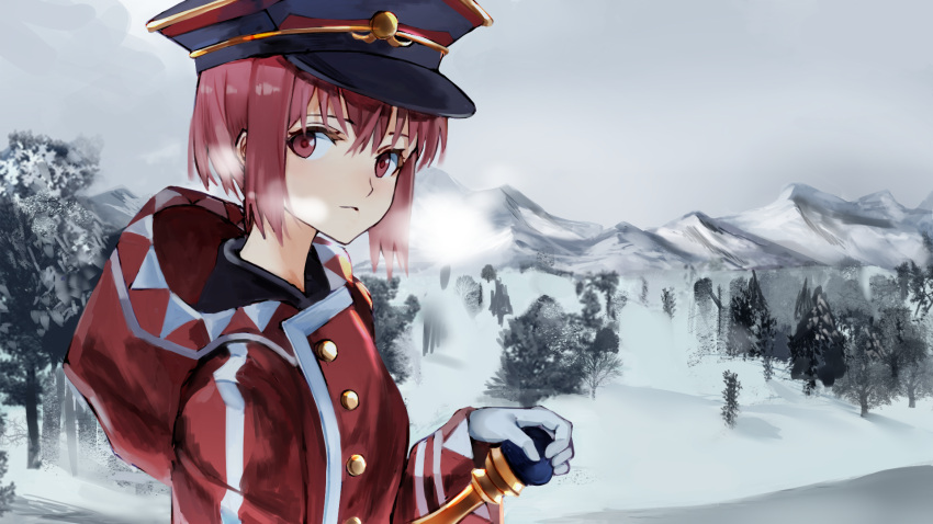 1girl alternate_costume auburn_hair blush breath brown_eyes buttons coat commentary_request hat highres hood hooded_jacket jacket kantai_collection long_sleeves looking_to_the_side military_hat mountain outdoors ruisento short_hair snow solo steam sword tree weapon winter winter_clothes winter_coat z3_max_schultz_(kantai_collection)