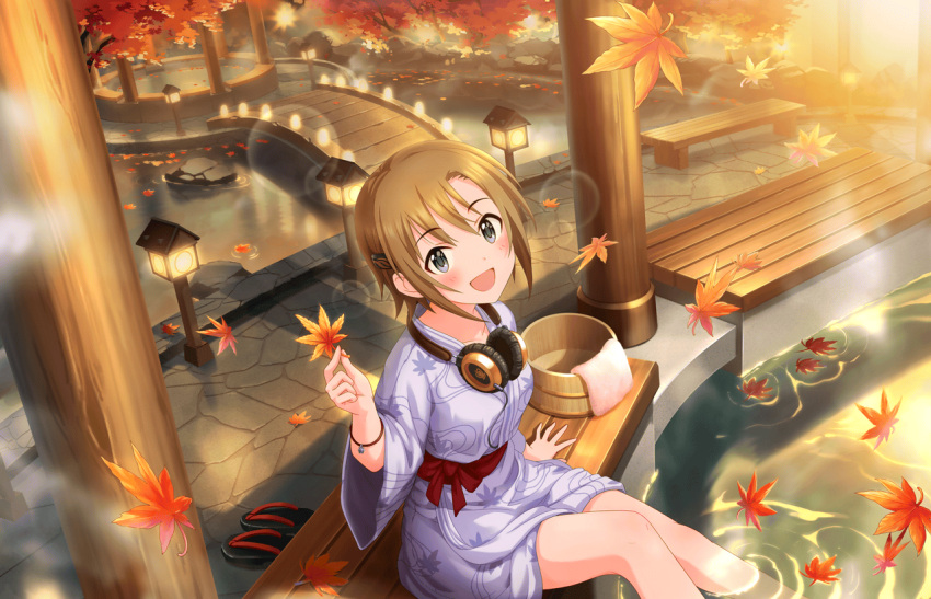 1girl artist_request autumn_leaves bangs bench blush bracelet brown_hair collarbone feet_in_water grey_eyes hair_ornament hairclip headphones headphones_around_neck holding_leaf idolmaster idolmaster_cinderella_girls_starlight_stage japanese_clothes jewelry lamppost long_sleeves looking_at_viewer official_art onsen open_mouth short_hair sidelocks sitting slippers smile soaking_feet solo steam stone_floor swept_bangs tada_riina towel traditional_clothes tree water wooden_bridge wooden_bucket