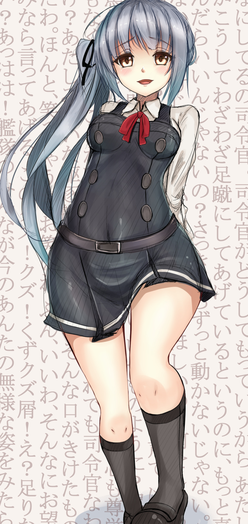 1girl absurdres arms_behind_back belt blouse blush breasts brown_eyes buttons commentary_request dress grey_hair grey_legwear hair_ribbon highres kantai_collection kasumi_(kantai_collection) long_hair long_sleeves looking_at_viewer open_mouth ponytail remodel_(kantai_collection) ribbon sazamiso_rx school_uniform shoes side_ponytail skirt sleeveless sleeveless_dress small_breasts solo suspenders translation_request white_blouse