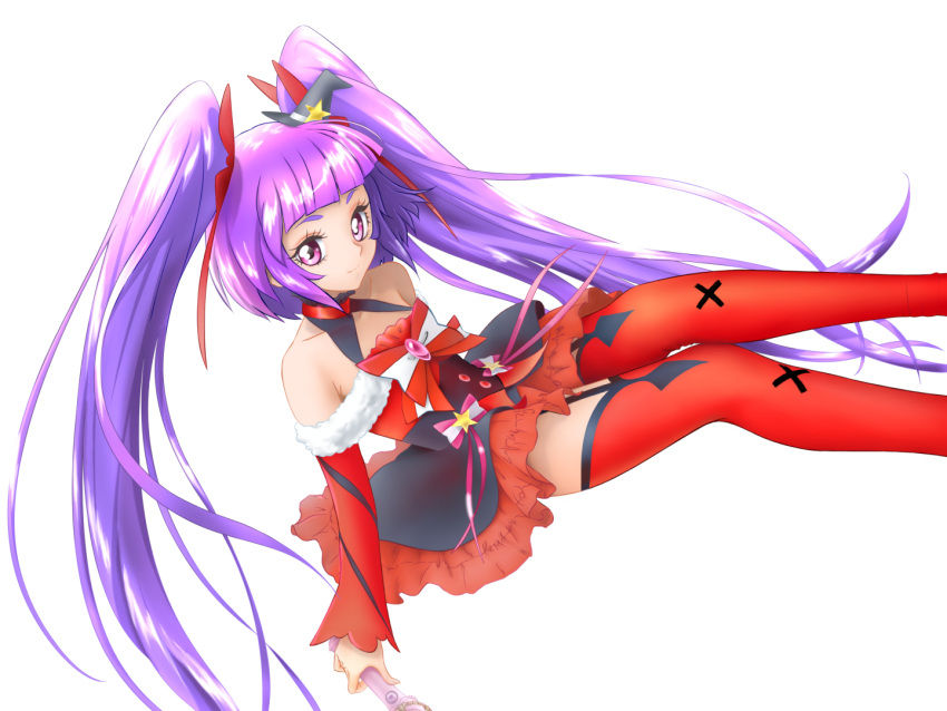 1girl black_hat bow collarbone cure_magical detached_sleeves erufa_(pixiv) full_body hair_bow hat izayoi_liko long_hair looking_at_viewer magical_girl mahou_girls_precure! mini_hat mini_witch_hat precure purple_hair red_bow red_legwear ruby_style sitting skirt smile solo striped striped_bow thigh-highs thigh_strap twintails violet_eyes white_background witch_hat