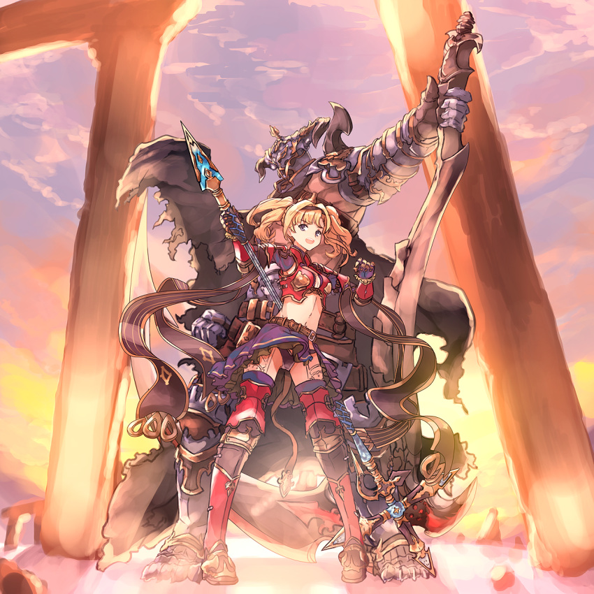 1girl arao blonde_hair granblue_fantasy highres looking_at_viewer polearm spear standing sunset thigh-highs twintails weapon zeta_(granblue_fantasy)