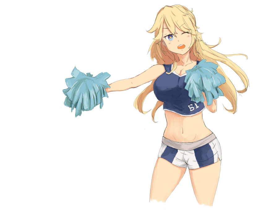 1girl artist_request blonde_hair blue_eyes breasts cheerleader highres iowa_(kantai_collection) kantai_collection large_breasts midriff navel one_eye_closed open_mouth pom_poms star star-shaped_pupils symbol-shaped_pupils