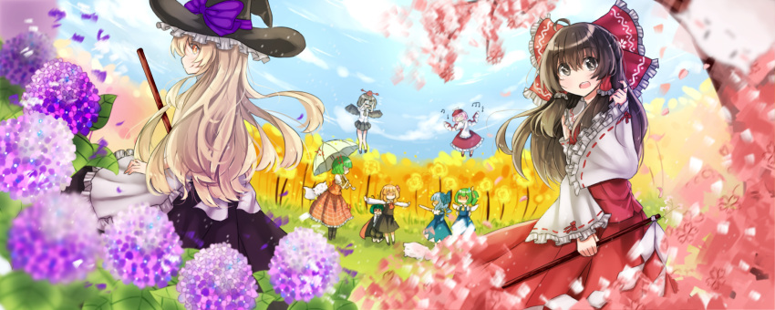 &gt;_&lt; 6+girls anger_vein antennae apron ascot bird_wings black_dress black_eyes black_hair black_legwear black_shoes black_skirt black_vest black_wings blonde_hair blue_dress blue_hair blue_sky bow camera cape cat cherry_blossoms chilia012 cirno closed_eyes clouds collar daiyousei day detached_sleeves dress faceless fairy_wings flower flying frilled_apron frilled_bow frilled_collar frilled_hat frilled_sleeves frills from_side garden_of_the_sun grass green_hair hair_bow hair_tubes hakurei_reimu hand_in_hair hands_on_hips hat hat_bow highres holding holding_broom holding_umbrella hydrangea ice ice_wings kazami_yuuka kirisame_marisa kneeling knees_together_feet_apart light_particles long_hair long_skirt long_sleeves looking_afar looking_at_viewer maroon_dress multiple_girls musical_note mystia_lorelei no_mouth open_mouth outstretched_arms parasol petals pink_hair plaid plaid_skirt plaid_vest pleated_skirt purple_bow red_shirt red_skirt red_vest ribbon-trimmed_sleeves ribbon_trim round_teeth rumia shameimaru_aya shirt shoes side_ponytail singing skirt sky sleeveless sleeveless_dress sleeveless_shirt smile solid_circle_eyes sunflower taking_picture team_9 teeth tokin_hat tongue touhou tree umbrella very_long_hair waist_apron white_shirt wind wings witch_hat wriggle_nightbug yellow_eyes
