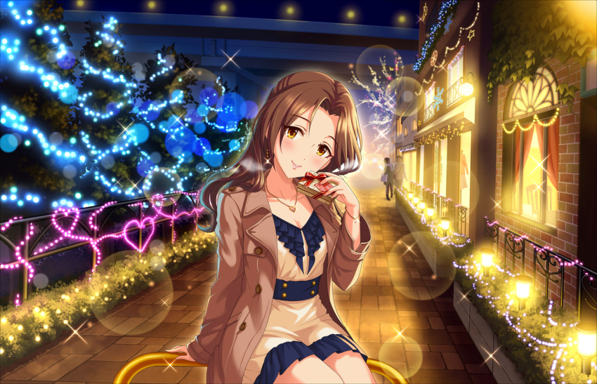 1girl alternate_hairstyle artist_request bangs blush bracelet breasts brown_hair bush cleavage coat collarbone dress earrings eyebrows eyebrows_visible_through_hair hair_down holding_gift idolmaster idolmaster_cinderella_girls_starlight_stage jewelry kawashima_mizuki lights long_hair long_sleeves looking_at_viewer necklace night official_art outdoors parted_bangs sitting smile solo tree yellow_eyes
