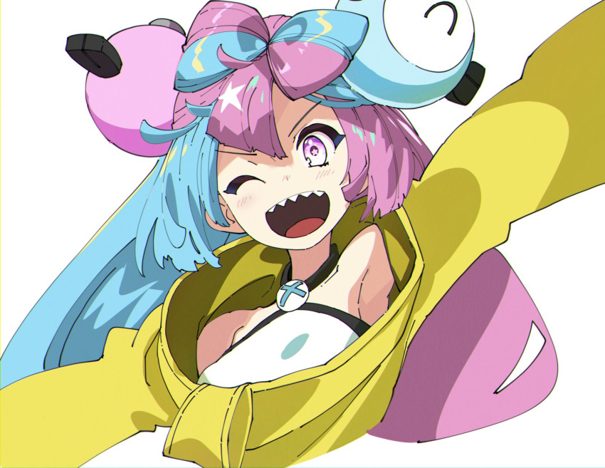 1girl ;d character_hair_ornament commentary_request green_hair hair_ornament happy highres iono_(pokemon) jacket long_hair multicolored_hair one_eye_closed open_mouth pokemon pokemon_(game) pokemon_sv purple_hair sharp_teeth shirt sleeveless sleeveless_shirt smile solo star_(symbol) star_in_eye symbol_in_eye teeth tongue twintails two-tone_hair upper_body upper_teeth ushiki_yoshitaka violet_eyes white_background white_shirt yellow_jacket