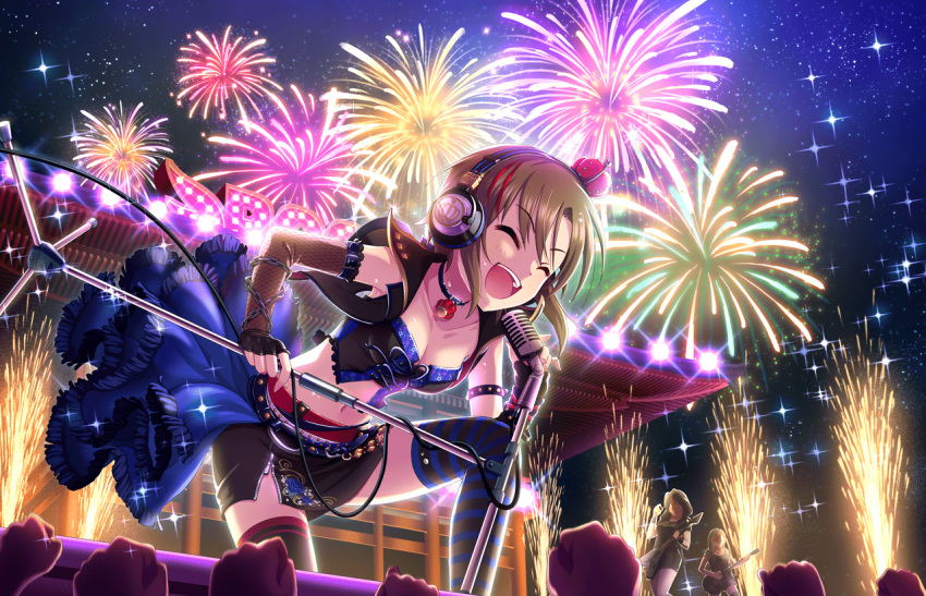 1girl architecture armlet artist_request asymmetric_gloves asymmetrical_legwear belt black_skirt blush breasts brown_hair chain choker cleavage clenched_hands closed_eyes collarbone crown east_asian_architecture fingerless_gloves fireworks gloves guitar headphones holding_microphone idolmaster idolmaster_cinderella_girls_starlight_stage instrument leather_skirt long_gloves microphone_stand midriff navel night night_sky official_art open_mouth outdoors short_hair singing skirt sky sleeveless smile solo stage_lights star_(sky) starry_sky striped striped_legwear sweat sweatdrop tada_riina teeth
