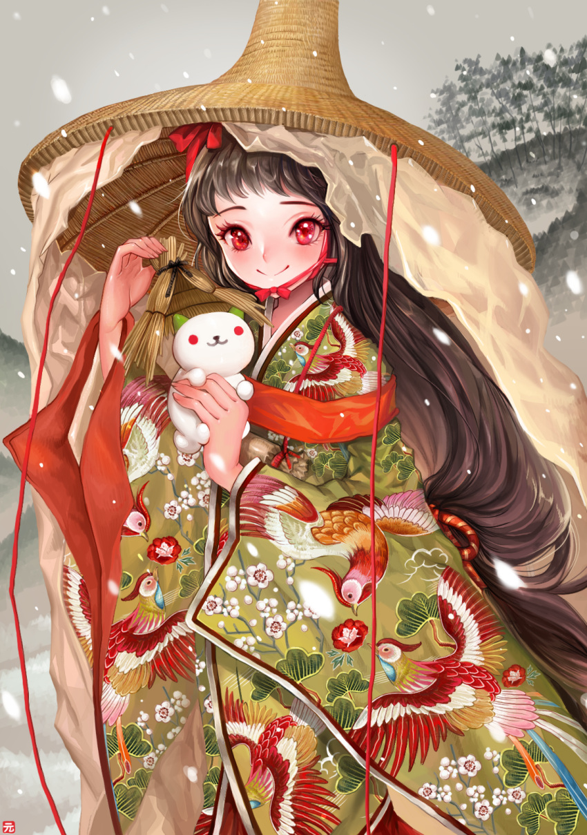1girl brown_hair candlefish hat highres japanese_clothes kimono long_hair looking_at_viewer neko_atsume original outdoors red_eyes smile snow solo standing tagme very_long_hair winter
