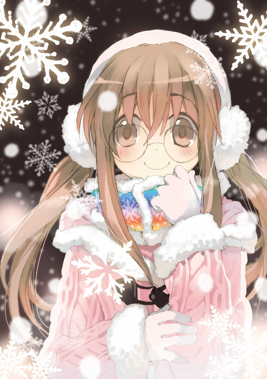 1girl absurdres brown_eyes brown_hair earmuffs ga_geijutsuka_art_design_class glasses highres kiyuzuki_satoko snowflakes solo twintails yamaguchi_kisaragi