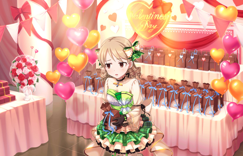 1girl artist_request balloon black_gloves blonde_hair blush bow brown_eyes d: drill_hair earrings eyebrows eyebrows_visible_through_hair flower gloves hair_bow holding_gift idolmaster idolmaster_cinderella_girls idolmaster_cinderella_girls_starlight_stage jewelry long_hair long_sleeves looking_away official_art open_mouth rose solo valentine