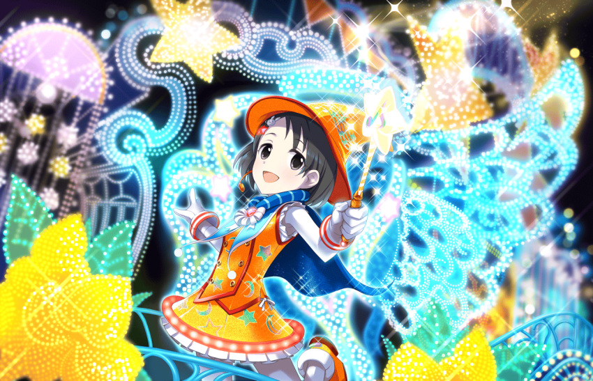 1girl :d artist_request black_eyes black_hair bunny_hair_ornament cape dress gloves hair_ornament hairclip hat headset idolmaster idolmaster_cinderella_girls_starlight_stage looking_at_viewer official_art open_mouth orange_dress orange_hat orange_shoes sasaki_chie shoes short_hair smile solo wand white_gloves