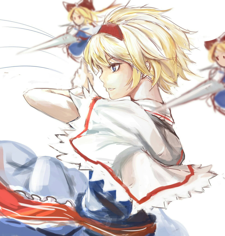 1girl action alice_margatroid arm_up blonde_hair blue_dress blue_eyes blur bow capelet dress from_side grin hair_bow hand_up highres homo_1121 lance long_hair looking_to_the_side polearm profile puppet_strings ribbon shanghai_doll short_hair simple_background sketch smile solid_circle_eyes solo touhou weapon white_background